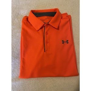 Under Armour Polo Shirt Mens Large Vibrant Orange Loose Short Sleeve Gray Logo